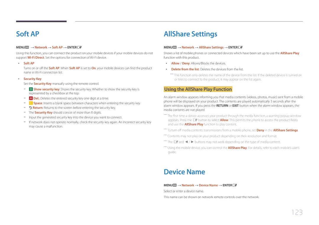 Samsung MD55C, MD32C user manual Soft AP, AllShare Settings, Device Name, 123, Using the AllShare Play Function 