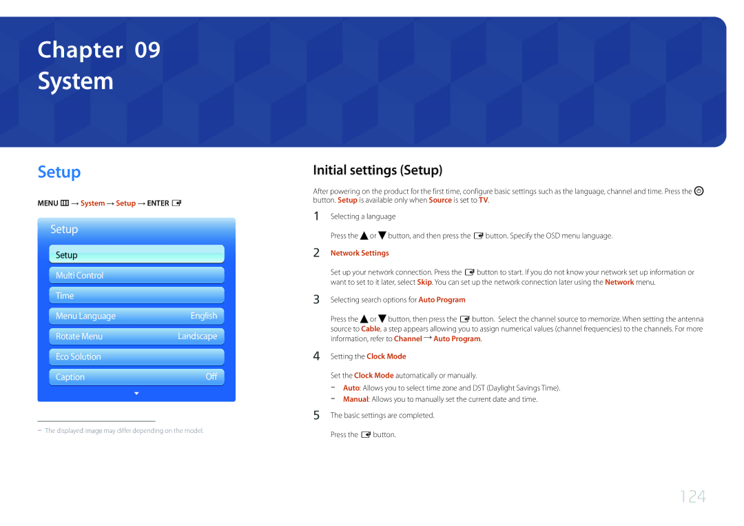 Samsung MD32C, MD55C user manual System, 124, Initial settings Setup 