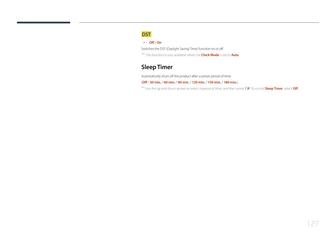 Samsung MD55C, MD32C user manual 127, Sleep Timer, Switches the DST Daylight Saving Time function on or off 