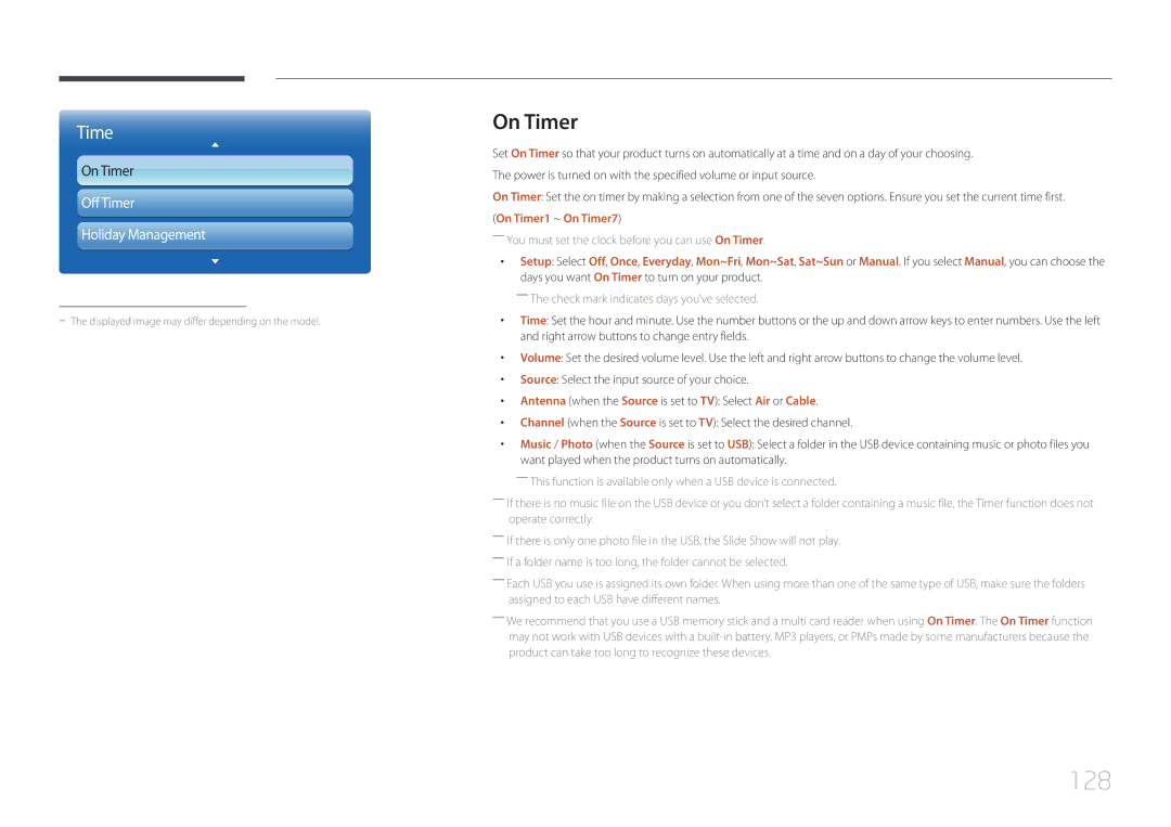 Samsung MD32C, MD55C user manual 128, Off Timer Holiday Management, On Timer1 ~ On Timer7 