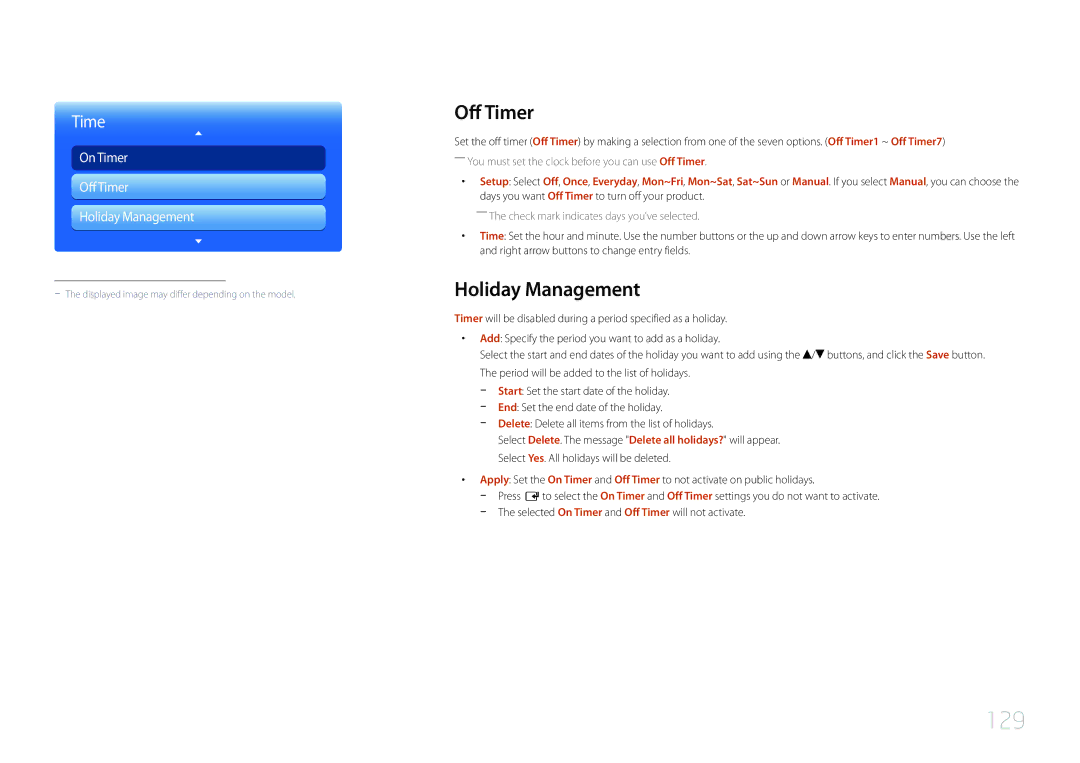 Samsung MD55C, MD32C user manual 129, Off Timer, Holiday Management 