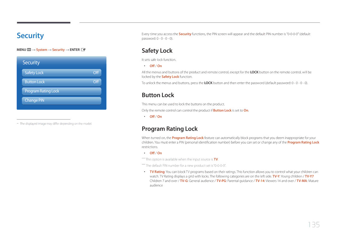 Samsung MD55C, MD32C user manual Security, 135, Safety Lock, Button Lock, Program Rating Lock 