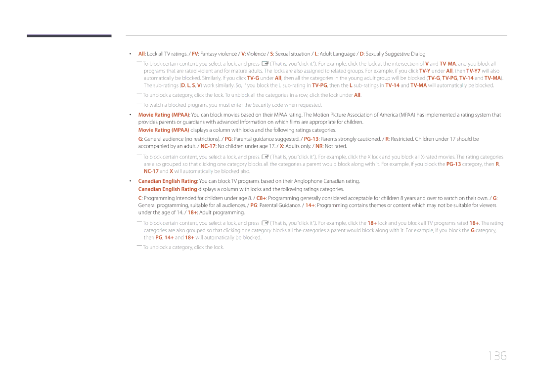 Samsung MD32C, MD55C user manual 136, Under the age of 14. / 18+ Adult programming 
