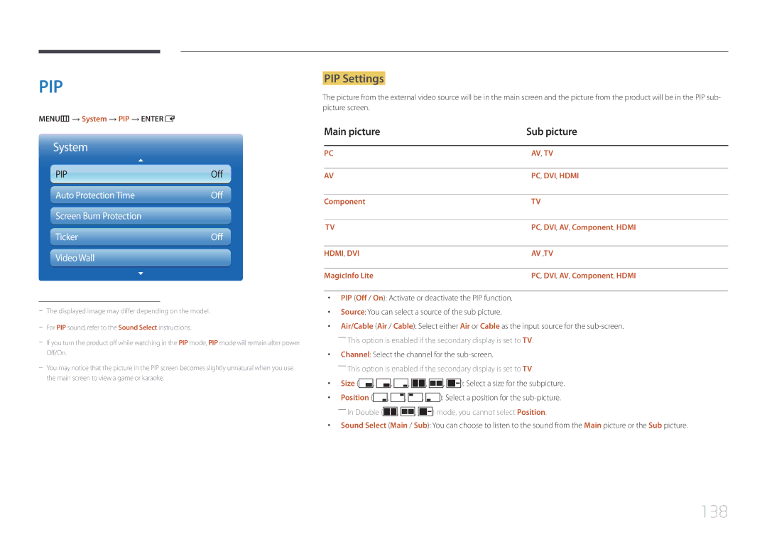 Samsung MD32C, MD55C user manual 138, PIP Settings, Main picture Sub picture 