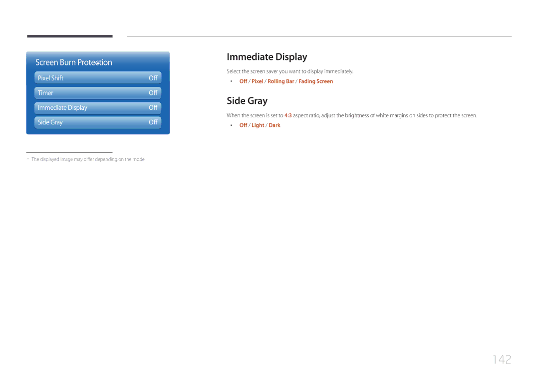 Samsung MD32C, MD55C user manual 142, Pixel Shift Off, Timer Off, Immediate Display Off Side Gray 