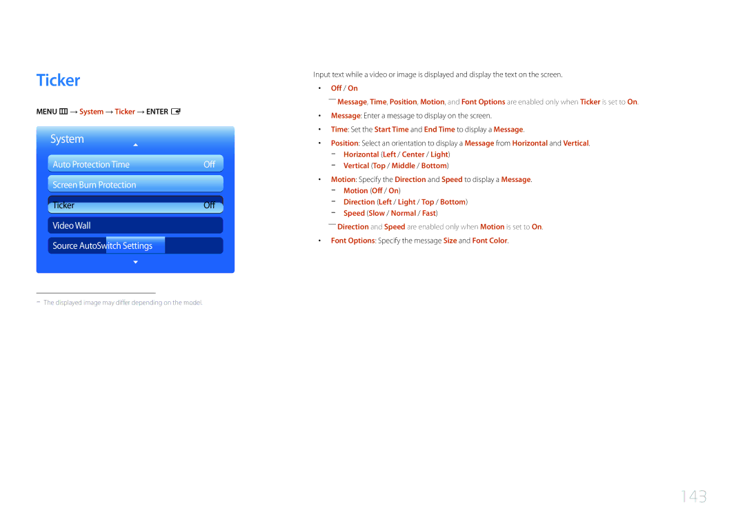 Samsung MD55C, MD32C user manual 143, Menu m → System → Ticker → Enter E, Vertical Top / Middle / Bottom 