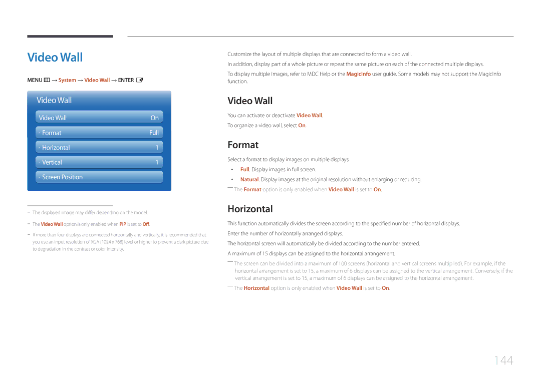 Samsung MD32C, MD55C user manual Video Wall, 144, Format, Horizontal 