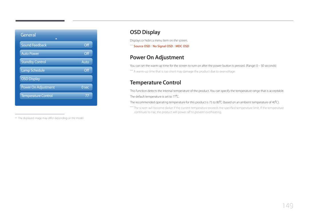 Samsung MD55C, MD32C user manual 149, OSD Display, Power On Adjustment, Temperature Control 