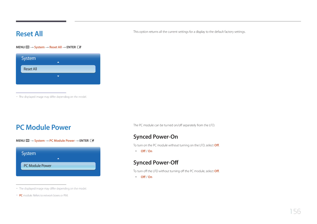 Samsung MD32C, MD55C user manual Reset All, PC Module Power, 156, Synced Power-On, Synced Power-Off 