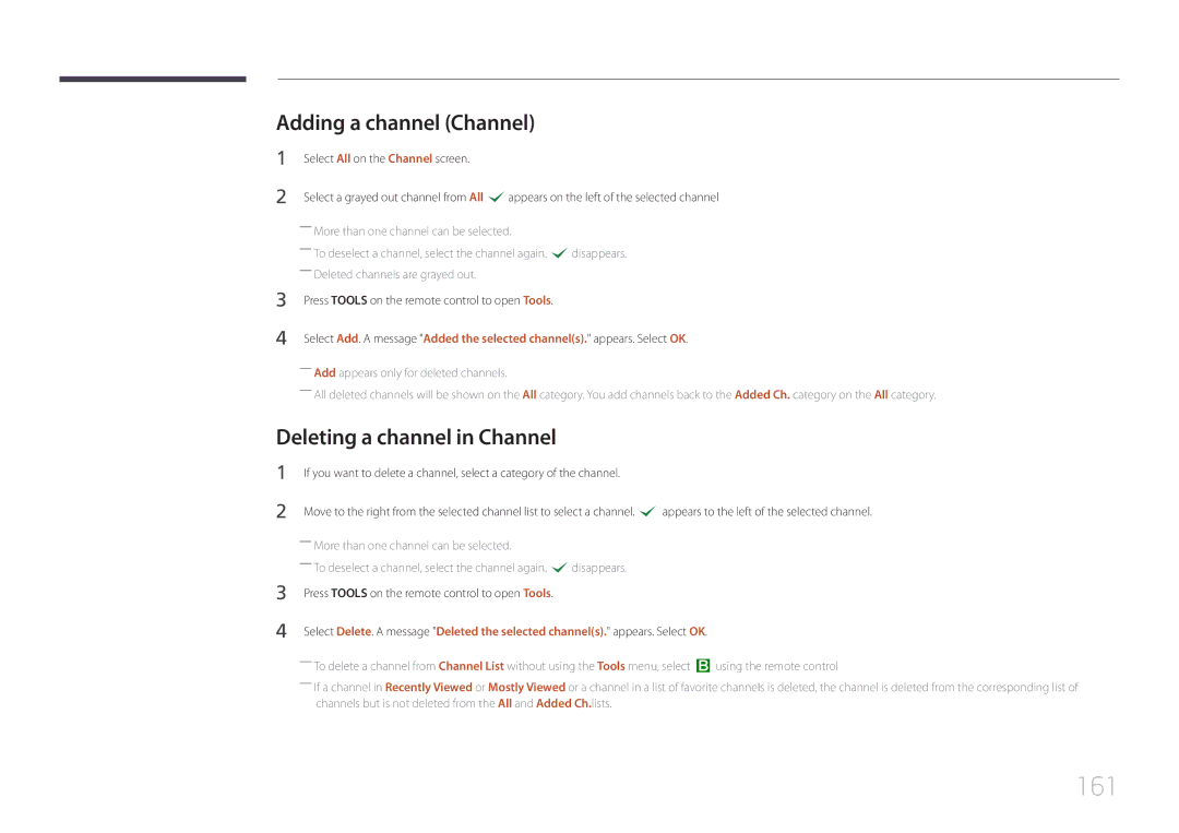 Samsung MD55C, MD32C user manual 161, Adding a channel Channel, Deleting a channel in Channel 