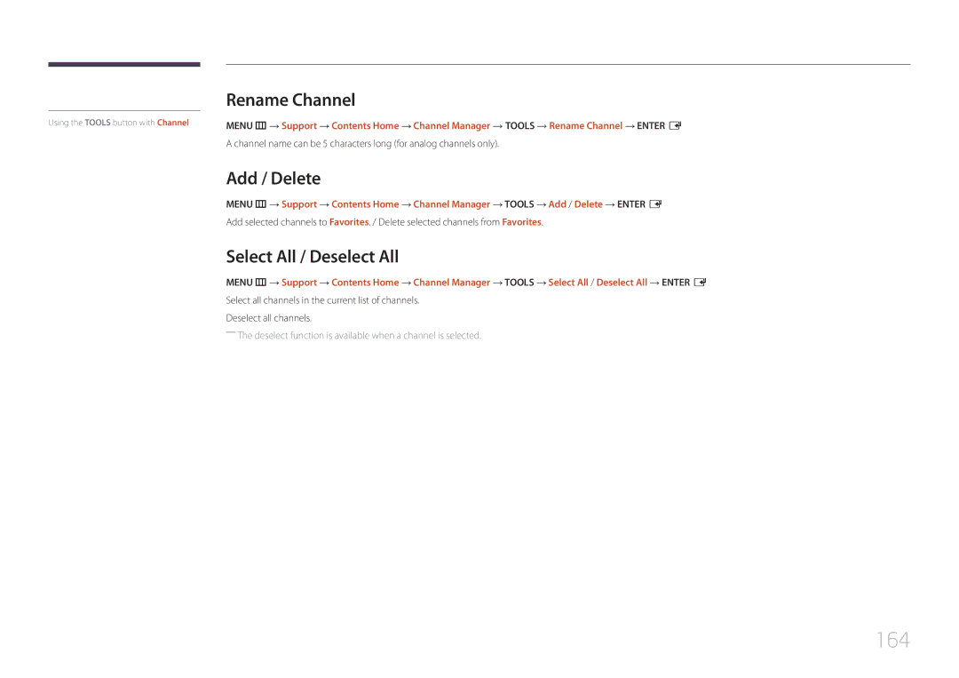 Samsung MD32C, MD55C user manual 164, Rename Channel, Add / Delete, Select All / Deselect All 