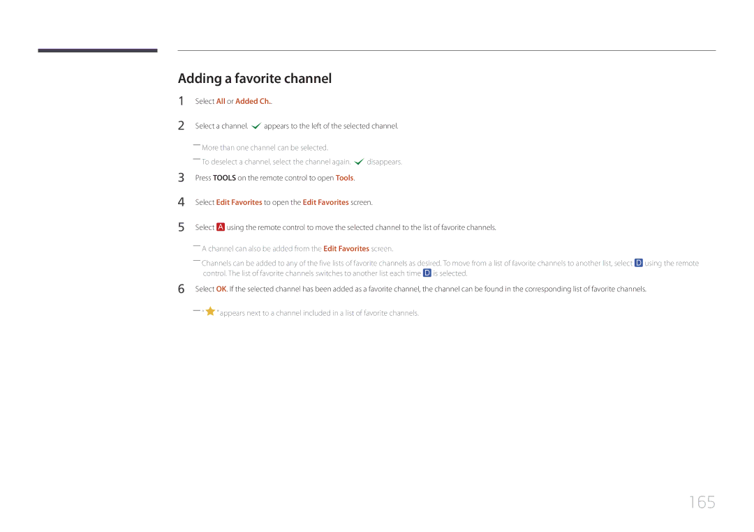 Samsung MD55C, MD32C user manual 165, Adding a favorite channel, Select All or Added Ch 