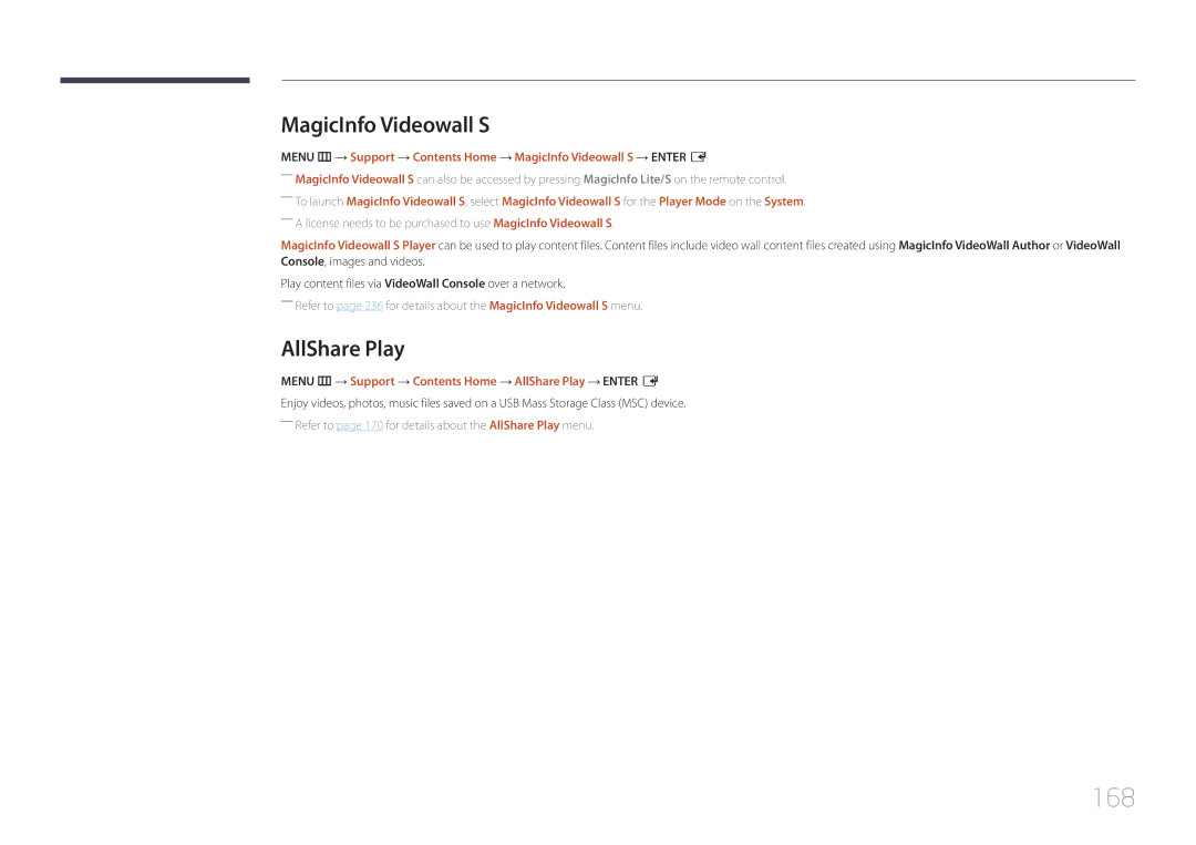 Samsung MD32C, MD55C user manual 168, MagicInfo Videowall S, AllShare Play 
