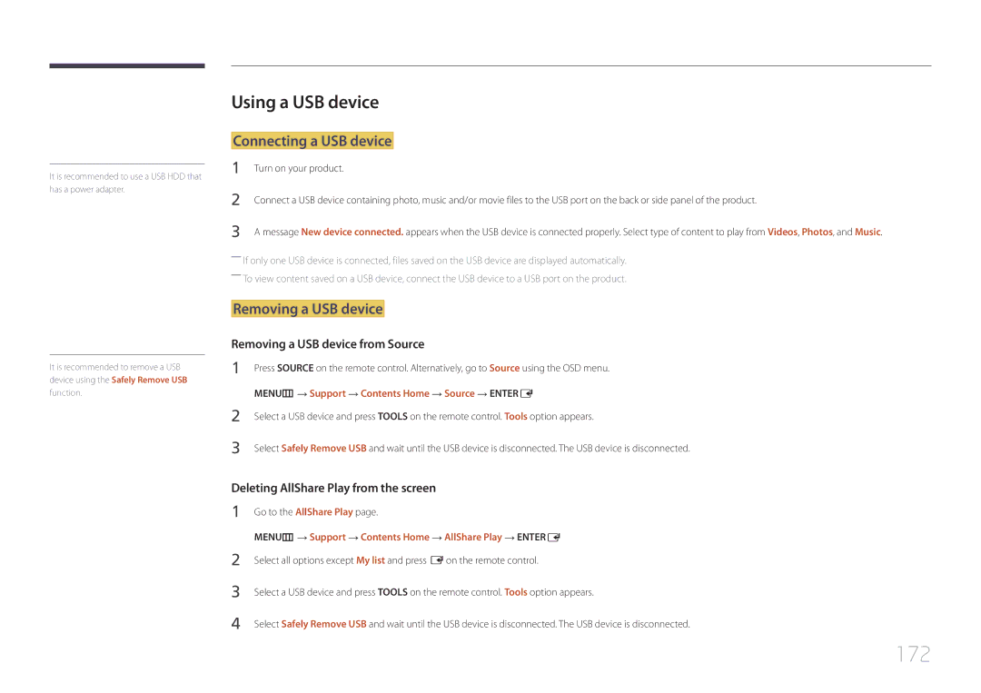 Samsung MD32C, MD55C user manual 172, Using a USB device, Connecting a USB device, Removing a USB device 