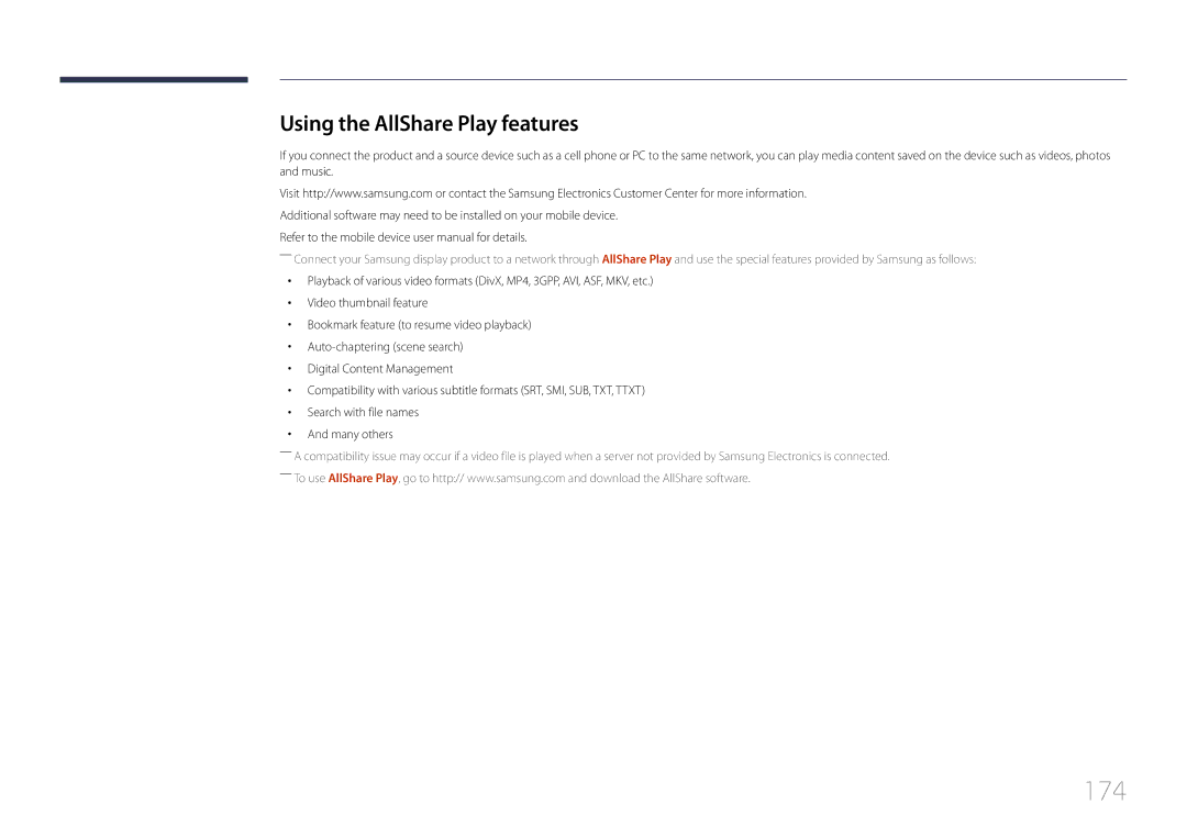 Samsung MD32C, MD55C user manual 174, Using the AllShare Play features 