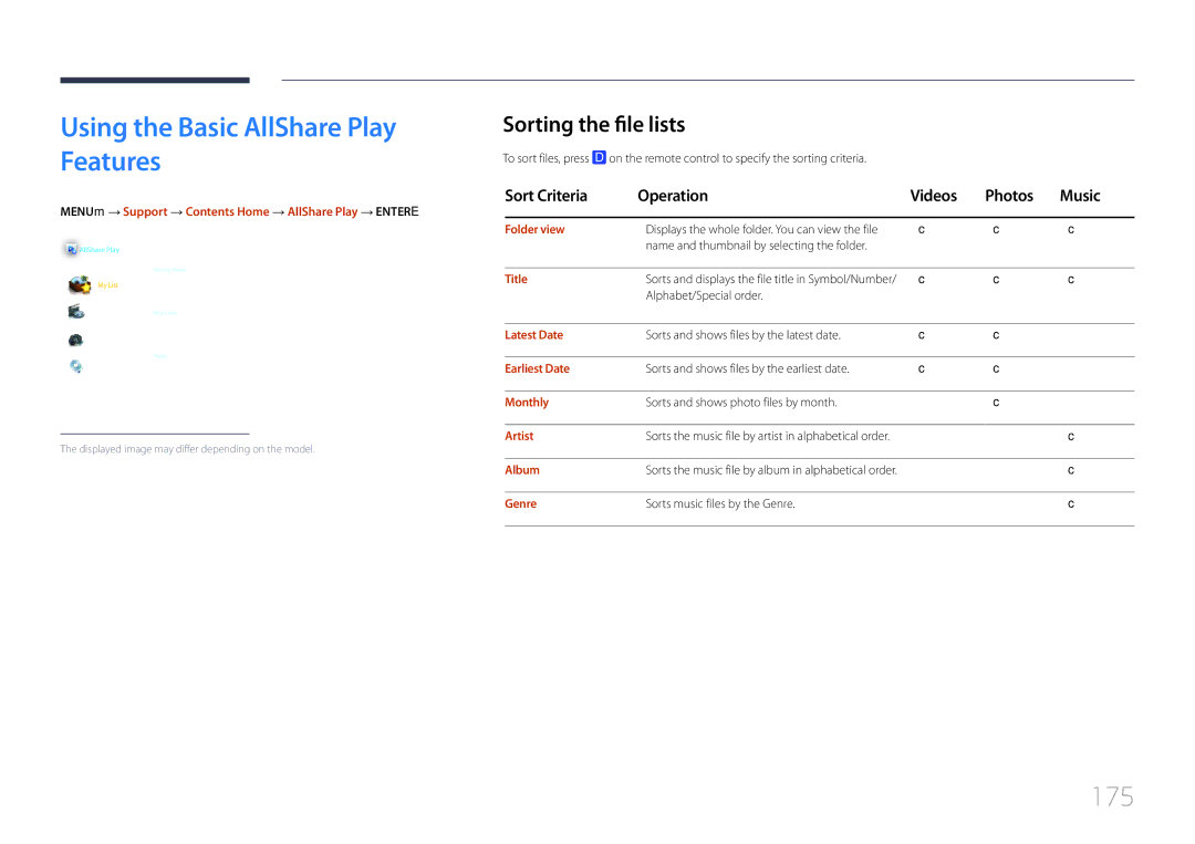 Samsung MD55C, MD32C user manual Using the Basic AllShare Play Features, 175, Sorting the file lists 