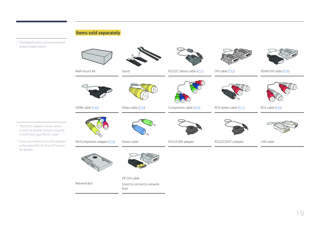 Samsung MD55C, MD32C user manual Items sold separately, Wall-mount Kit Stand 