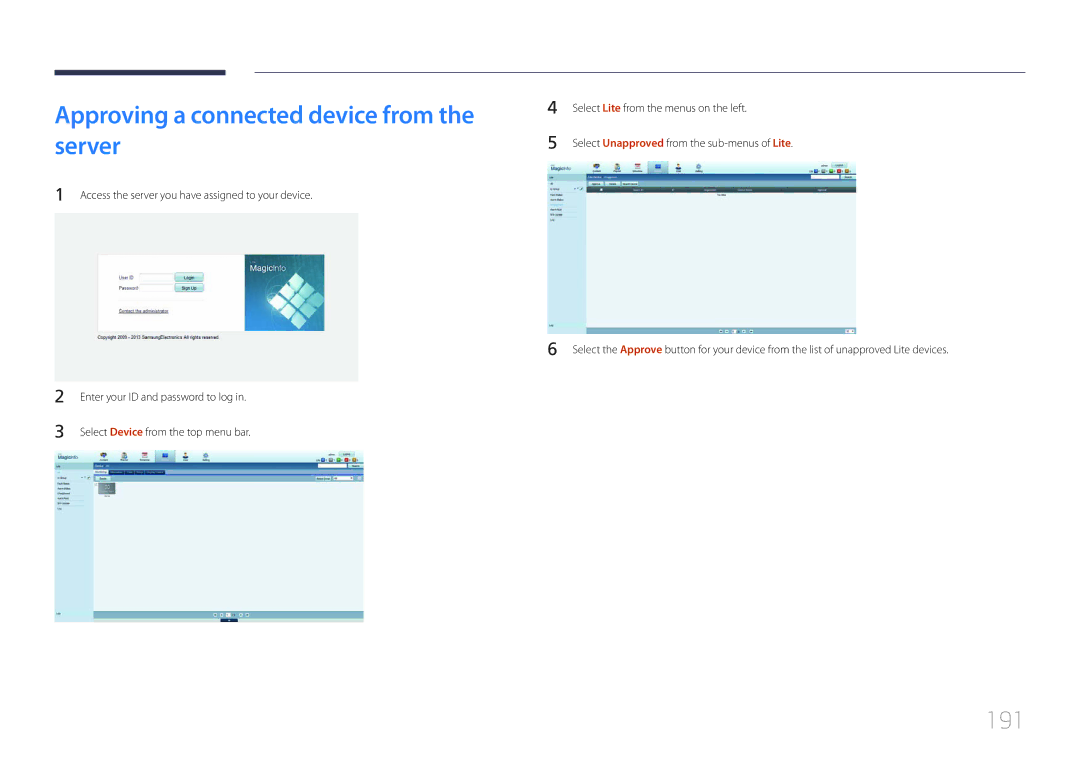 Samsung MD55C, MD32C Approving a connected device from the server, 191, Access the server you have assigned to your device 