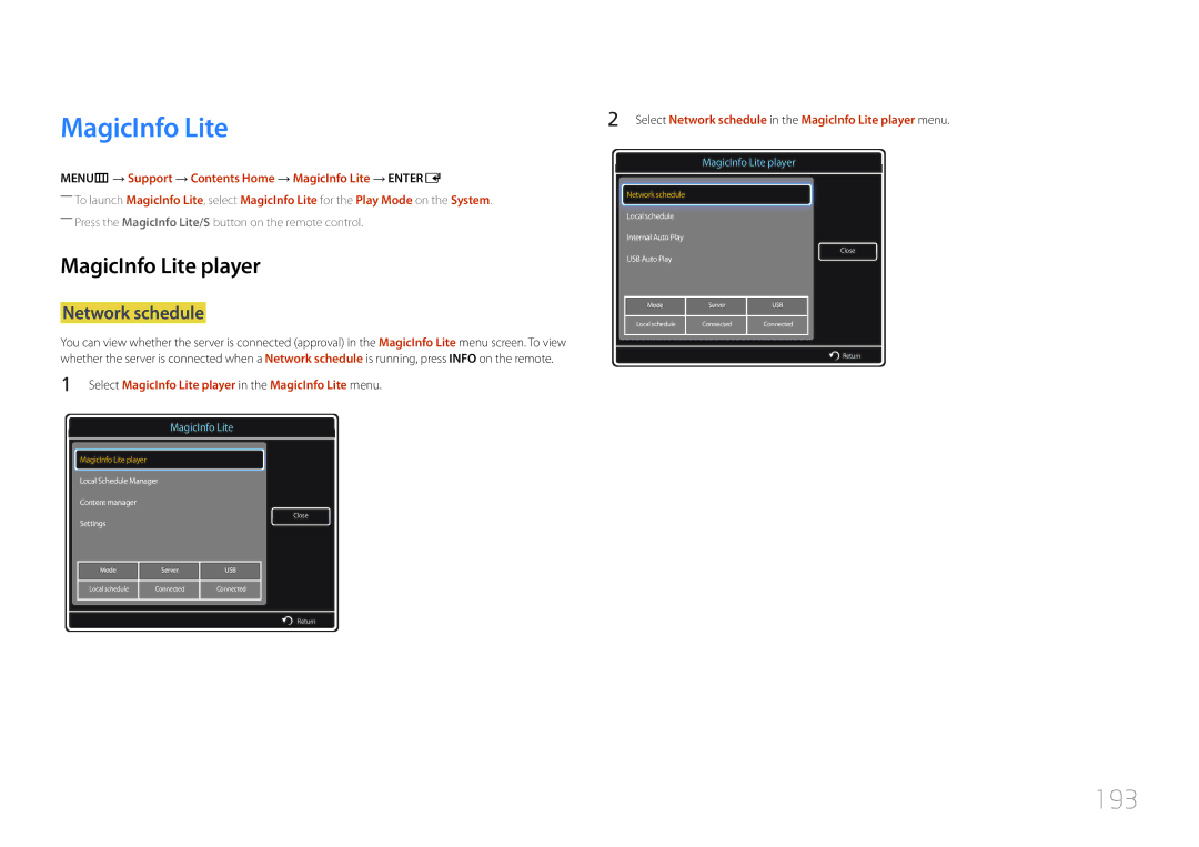 Samsung MD55C, MD32C user manual 193, MagicInfo Lite player, Network schedule 