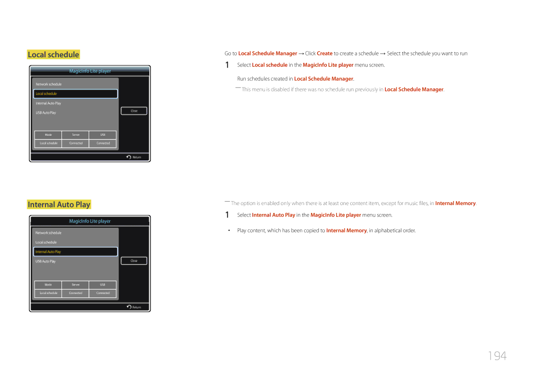 Samsung MD32C, MD55C user manual 194, Local schedule, Internal Auto Play 