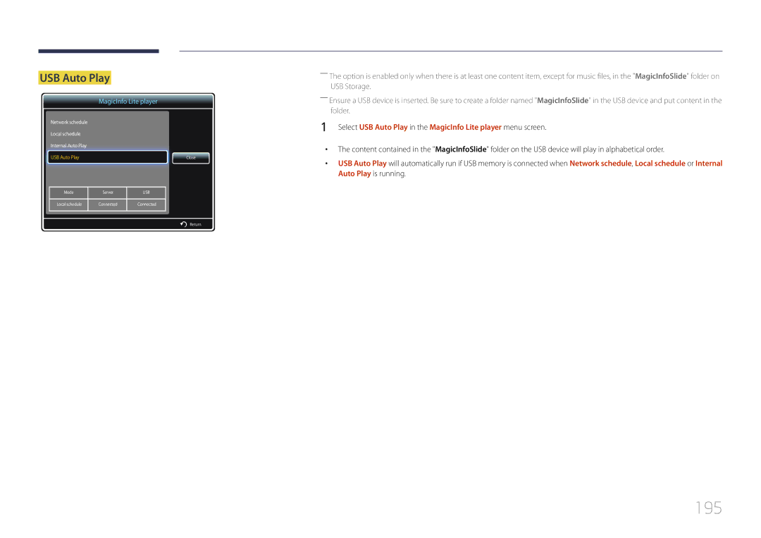 Samsung MD55C, MD32C user manual 195, USB Auto Play 