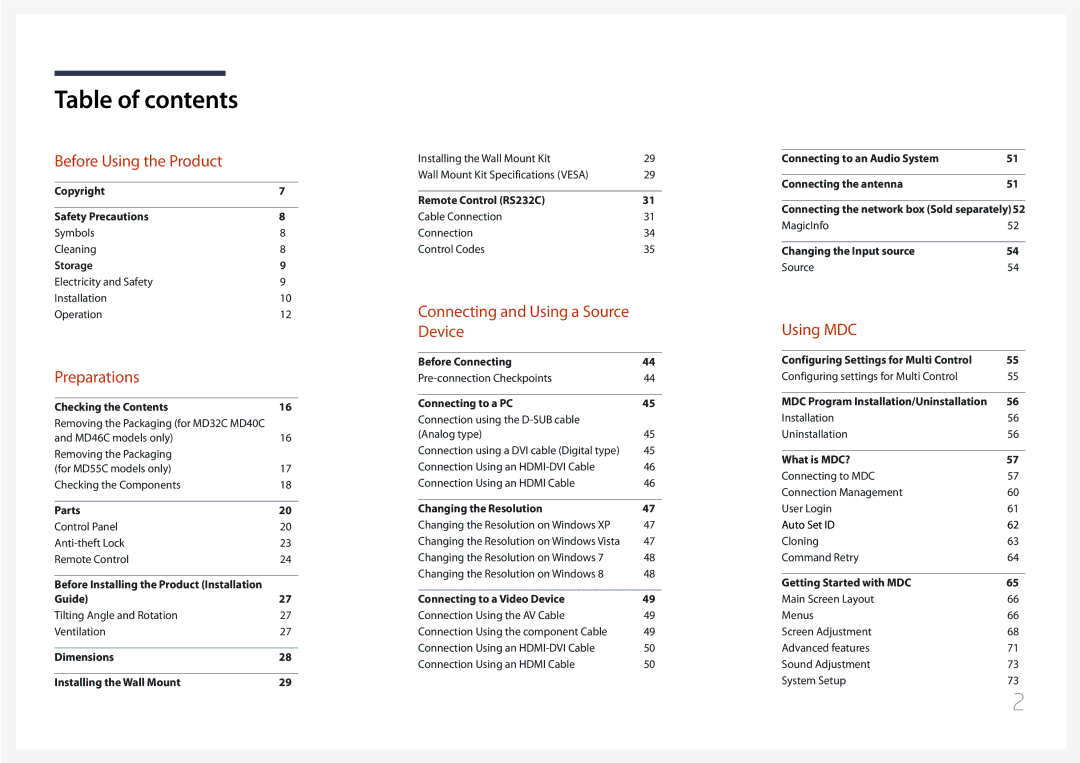 Samsung MD32C, MD55C user manual Table of contents 