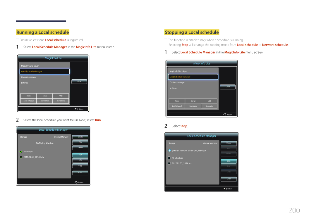 Samsung MD32C, MD55C user manual 200, Running a Local schedule, Stopping a Local schedule, Select Stop 