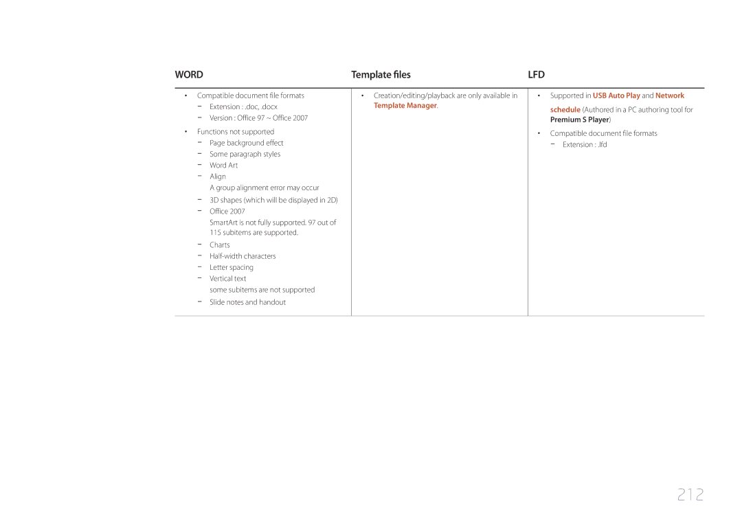 Samsung MD32C, MD55C user manual 212, Template files, Creation/editing/playback are only available 