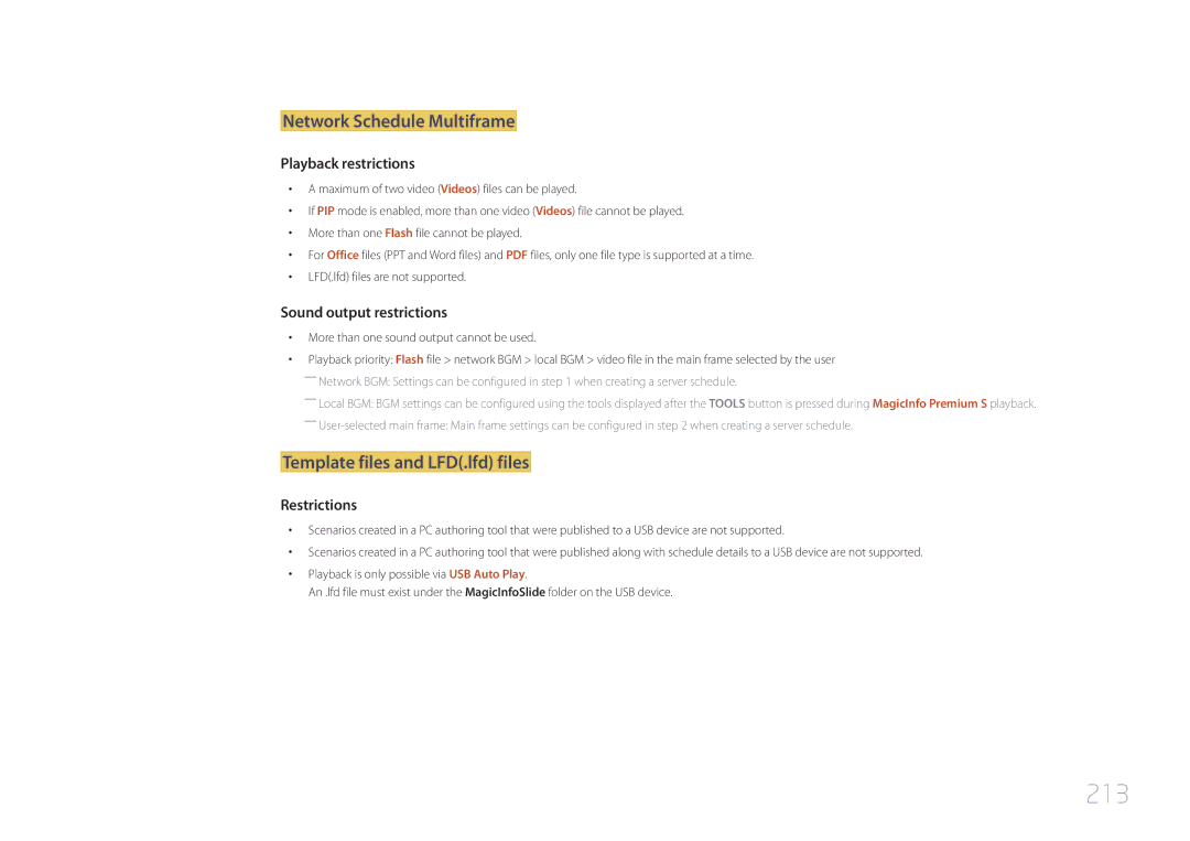 Samsung MD55C, MD32C user manual 213, Network Schedule Multiframe, Template files and LFD.lfd files 