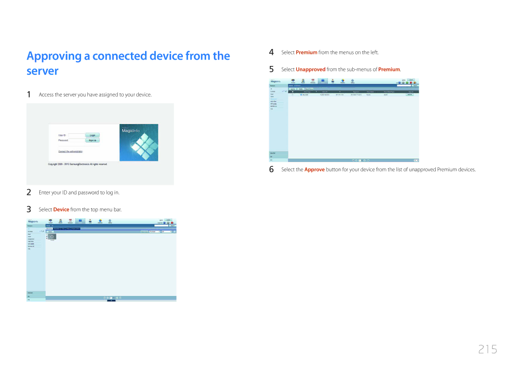 Samsung MD55C, MD32C user manual Approving a connected device from the server, 215 