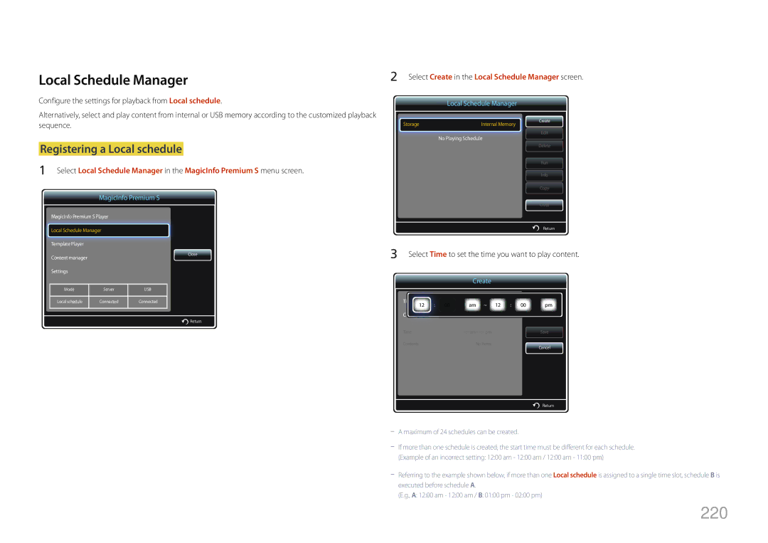 Samsung MD32C, MD55C user manual 220, Local Schedule Manager 