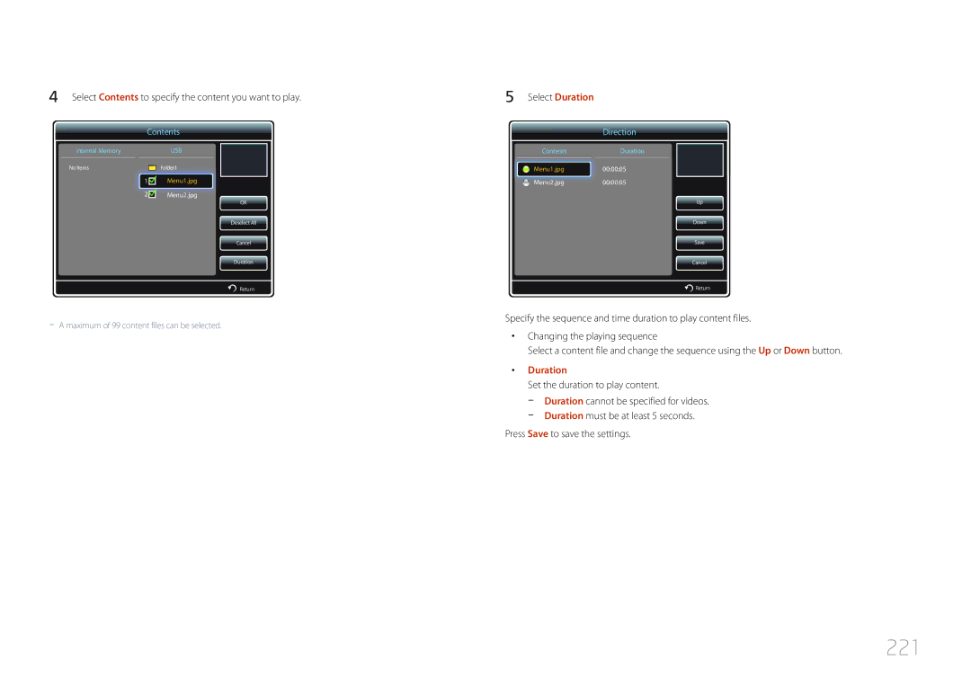 Samsung MD55C, MD32C user manual 221, Select Contents to specify the content you want to play 