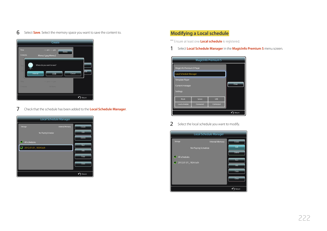 Samsung MD32C, MD55C user manual 222, Modifying a Local schedule 