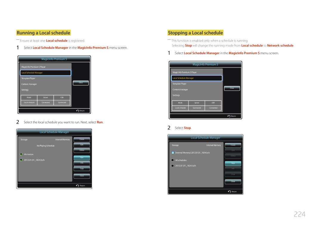 Samsung MD32C, MD55C user manual 224, Running a Local schedule 