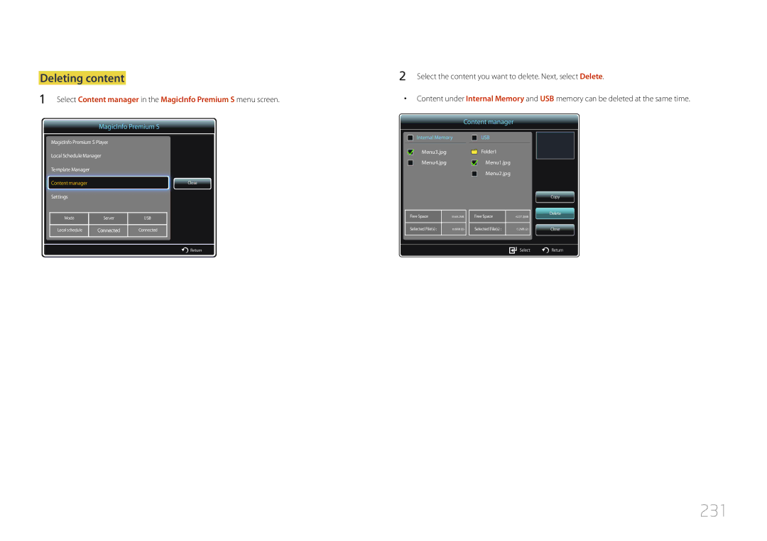 Samsung MD55C, MD32C user manual 231, Deleting content 