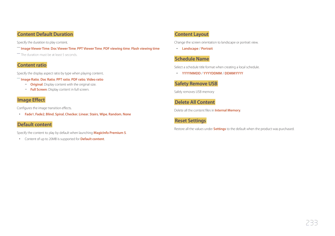 Samsung MD55C, MD32C user manual 233, Content Default Duration 