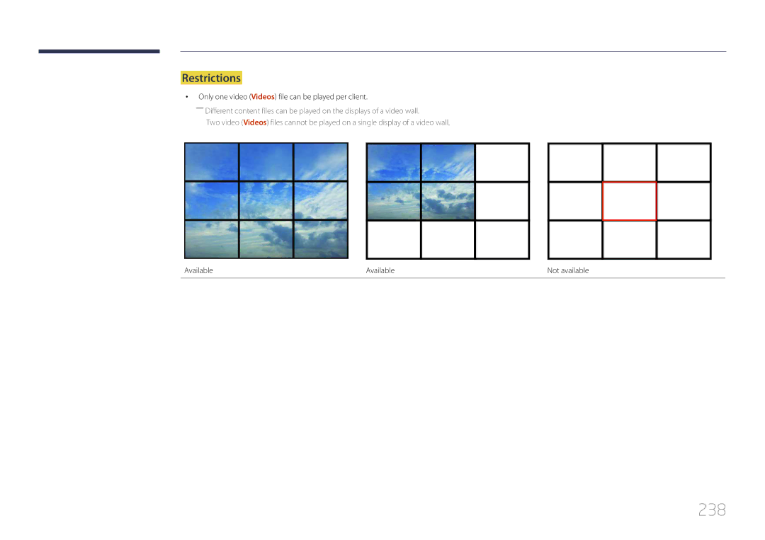 Samsung MD32C, MD55C 238, Restrictions, Only one video Videos file can be played per client, Available Not available 