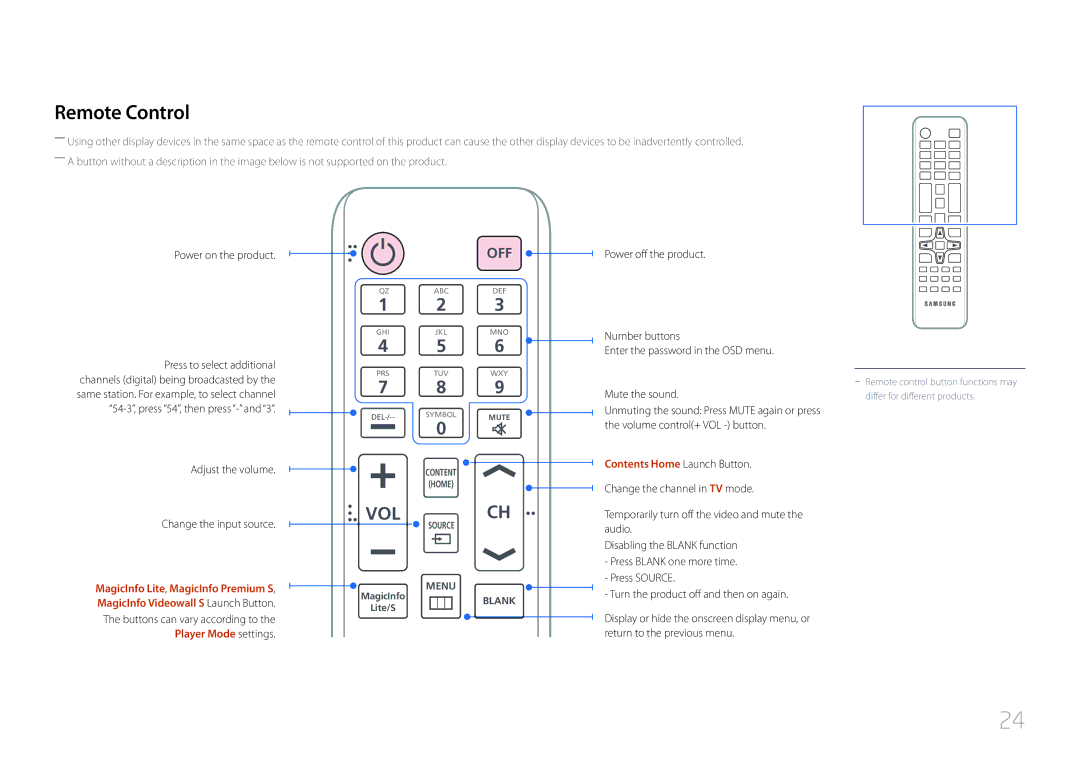 Samsung MD32C, MD55C user manual Remote Control, Contents Home Launch Button 