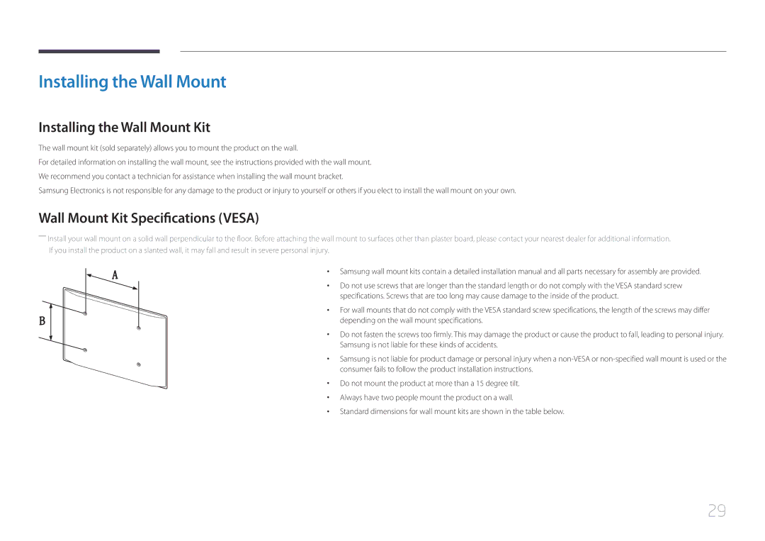 Samsung MD55C, MD32C user manual Installing the Wall Mount Kit, Wall Mount Kit Specifications Vesa 