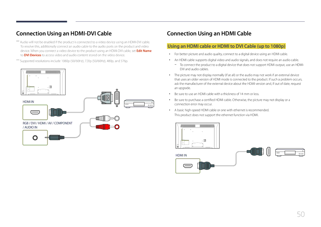 Samsung MD32C, MD55C user manual Connection Using an Hdmi Cable, Using an Hdmi cable or Hdmi to DVI Cable up to 1080p 