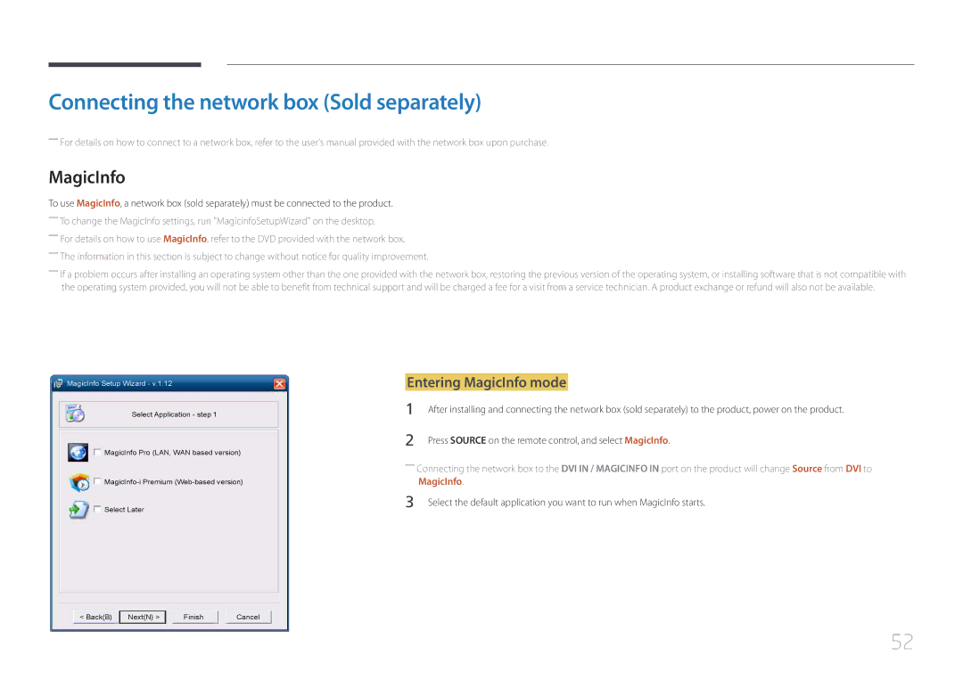 Samsung MD32C, MD55C user manual Connecting the network box Sold separately, Entering MagicInfo mode 