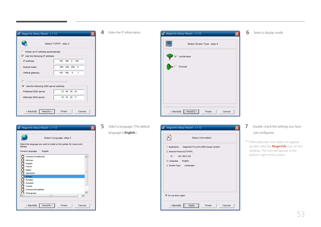 Samsung MD55C, MD32C user manual Enter the IP information, Select TCP/IP step 