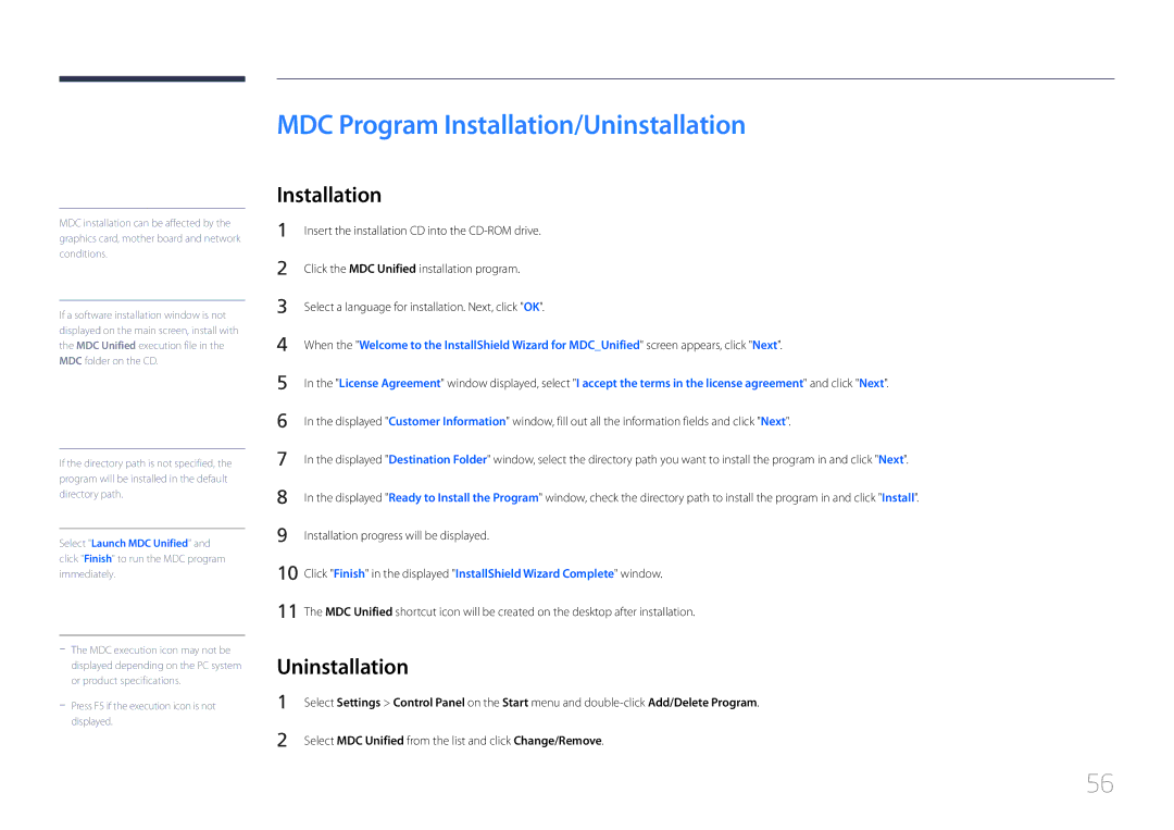 Samsung MD32C, MD55C user manual MDC Program Installation/Uninstallation 