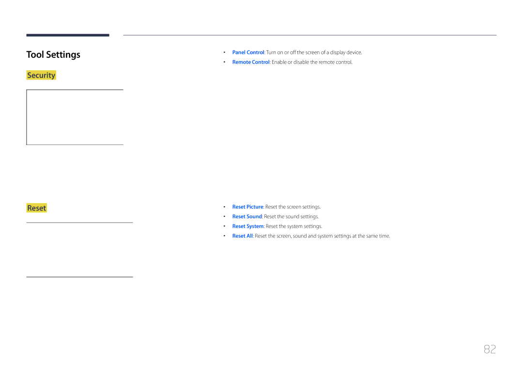 Samsung MD32C, MD55C user manual Tool Settings, Security Reset 