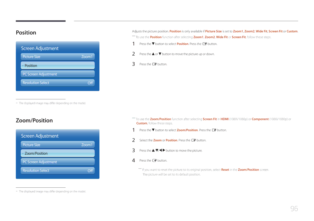 Samsung MD32C, MD55C user manual Zoom/Position, Picture Size, PC Screen Adjustment Resolution Select 