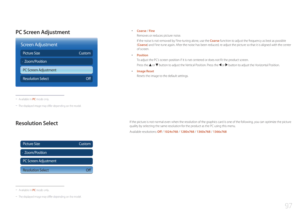 Samsung MD55C, MD32C user manual Resolution Select, · Zoom/Position PC Screen Adjustment 