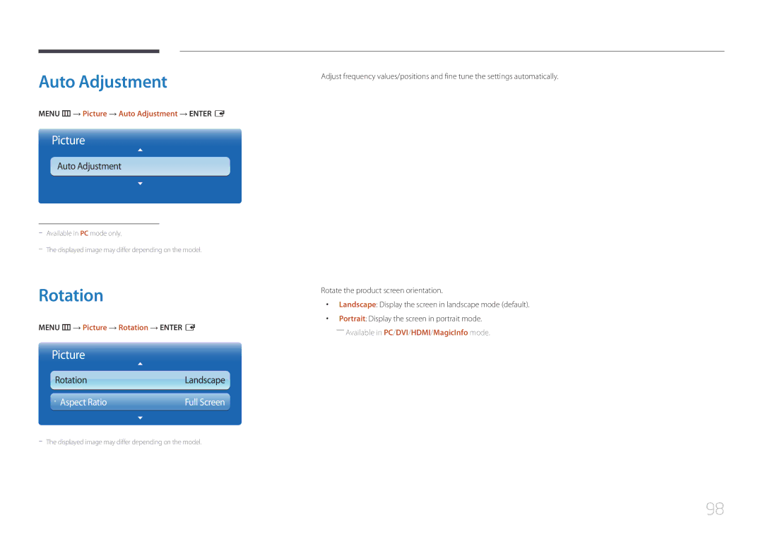 Samsung MD32C, MD55C user manual Rotation, · Aspect Ratio, Menu m → Picture → Auto Adjustment → Enter E 