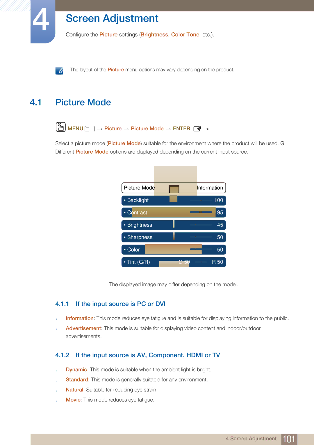 Samsung MD46B, MD40B user manual Screen Adjustment, Picture Mode, If the input source is PC or DVI 