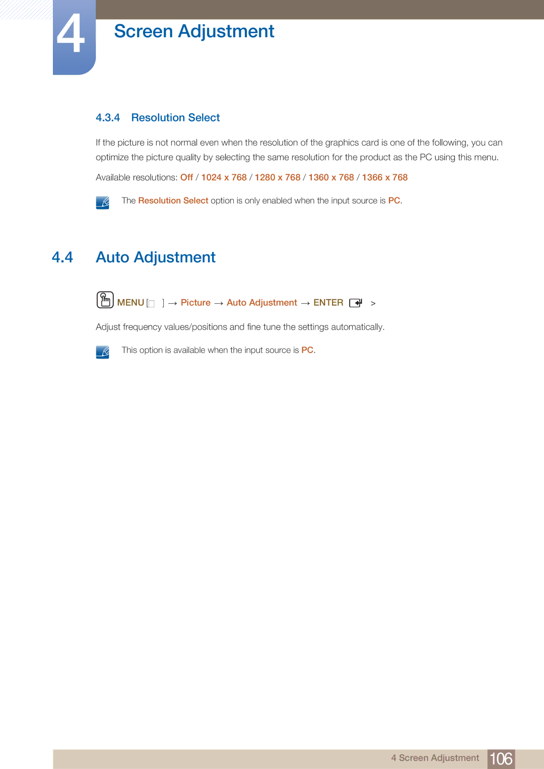 Samsung MD40B, MD46B user manual Resolution Select, Menu m Picture Auto Adjustment Enter 