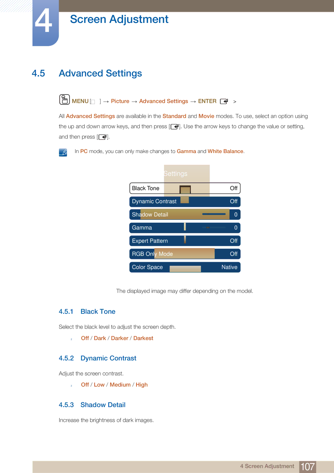 Samsung MD46B, MD40B user manual Advanced Settings, Black Tone, Dynamic Contrast, Shadow Detail 